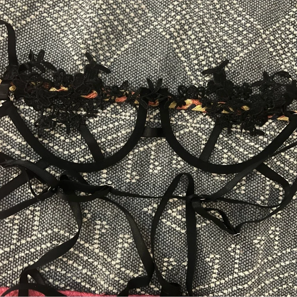 Ooh La La Cherie black 2 piece floral lingerie set. Size medium (roughly)